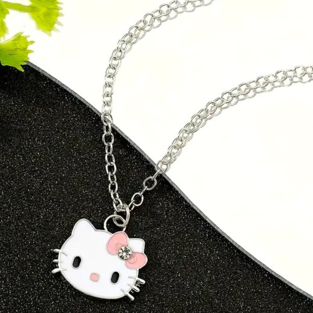 Necklace Hello Kitty Sanrio Enamel Face Pendant Silver Tone Goth Emo Scene Cute